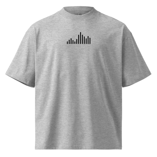 Gray t-shirt with a black logo on a white background