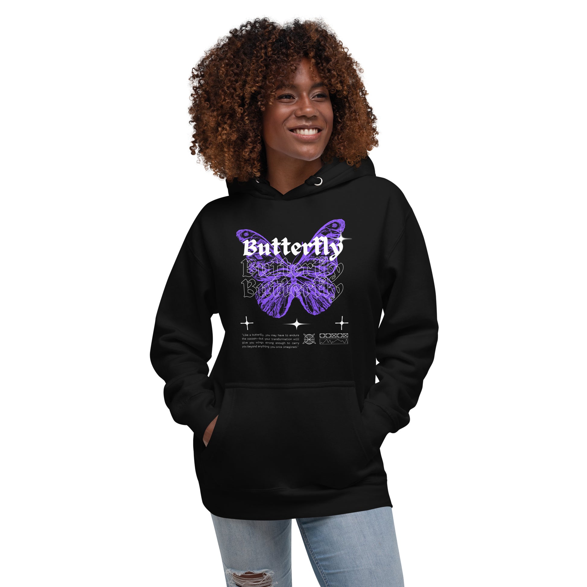 Person wearing a black hoodie with a graphic design on a white background