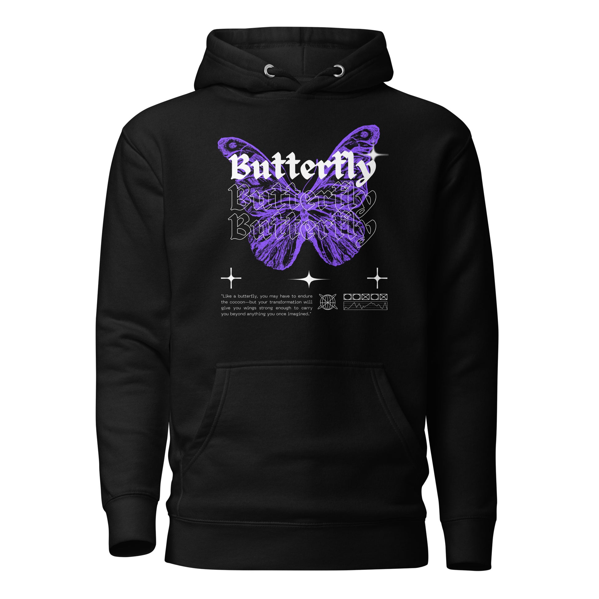 Black hoodie with a purple butterfly design on a white background