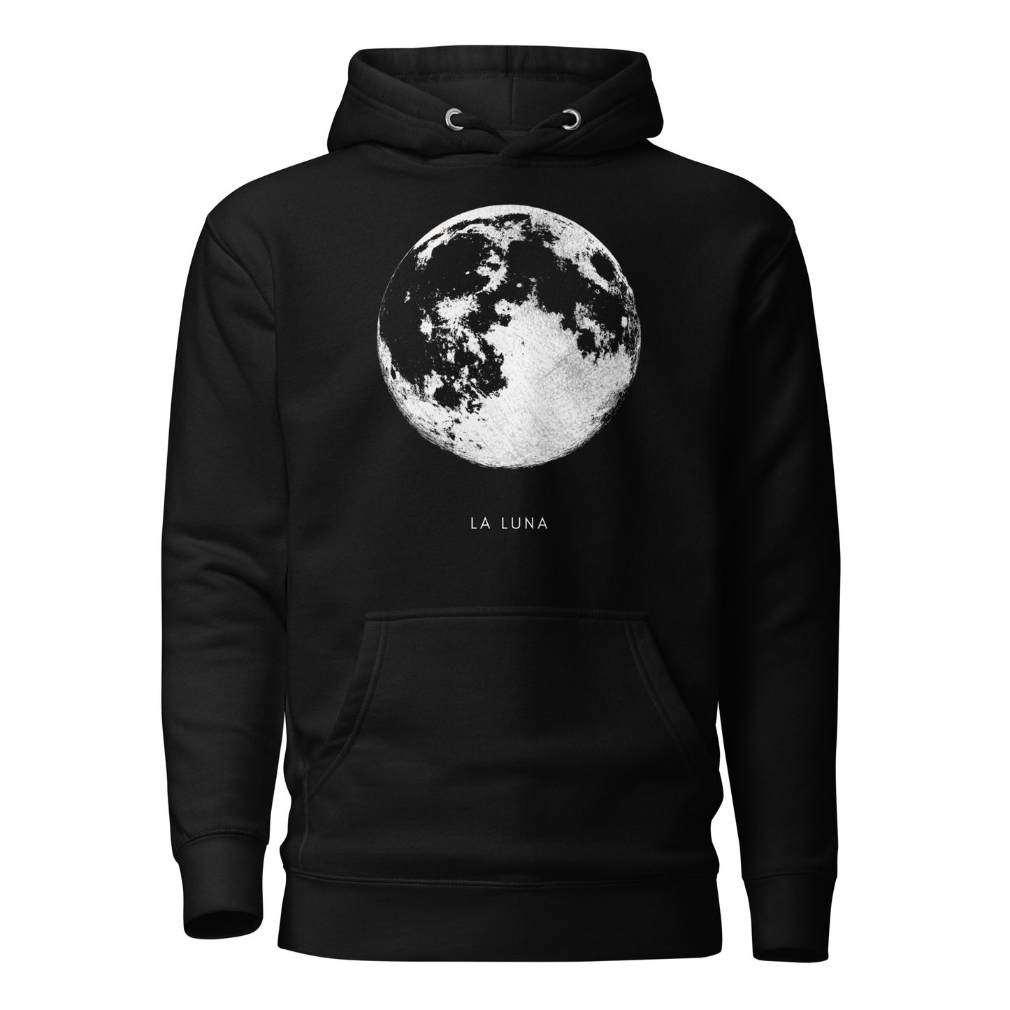 Black hoodie with a moon graphic and 'La Luna' text on a white background