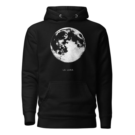 Black hoodie with a moon graphic and 'La Luna' text on a white background