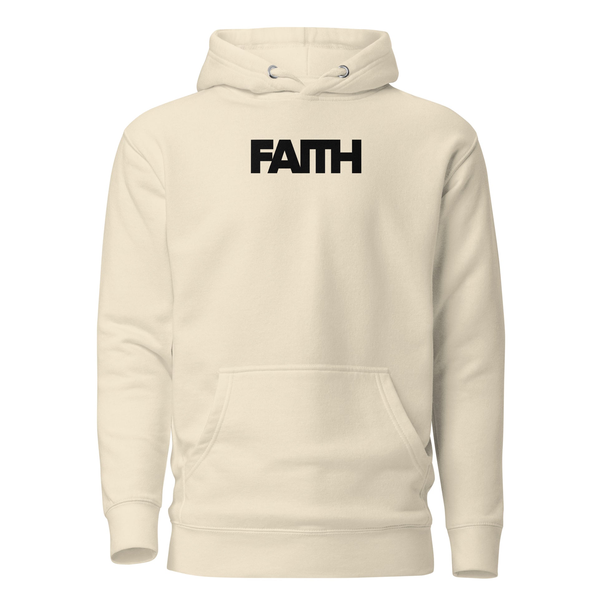Beige hoodie with 'FAITH' printed on the chest against a white background