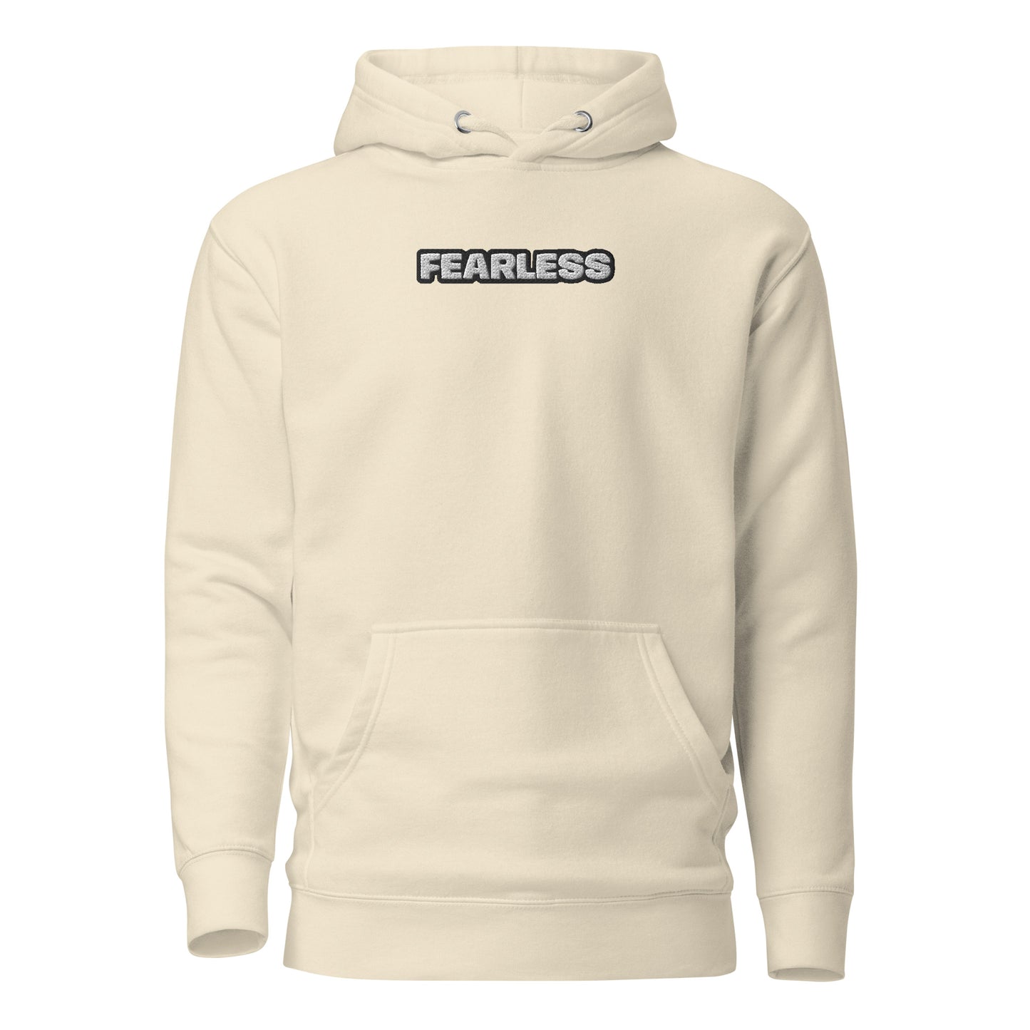 Beige hoodie with 'FEARLESS' text on a white background