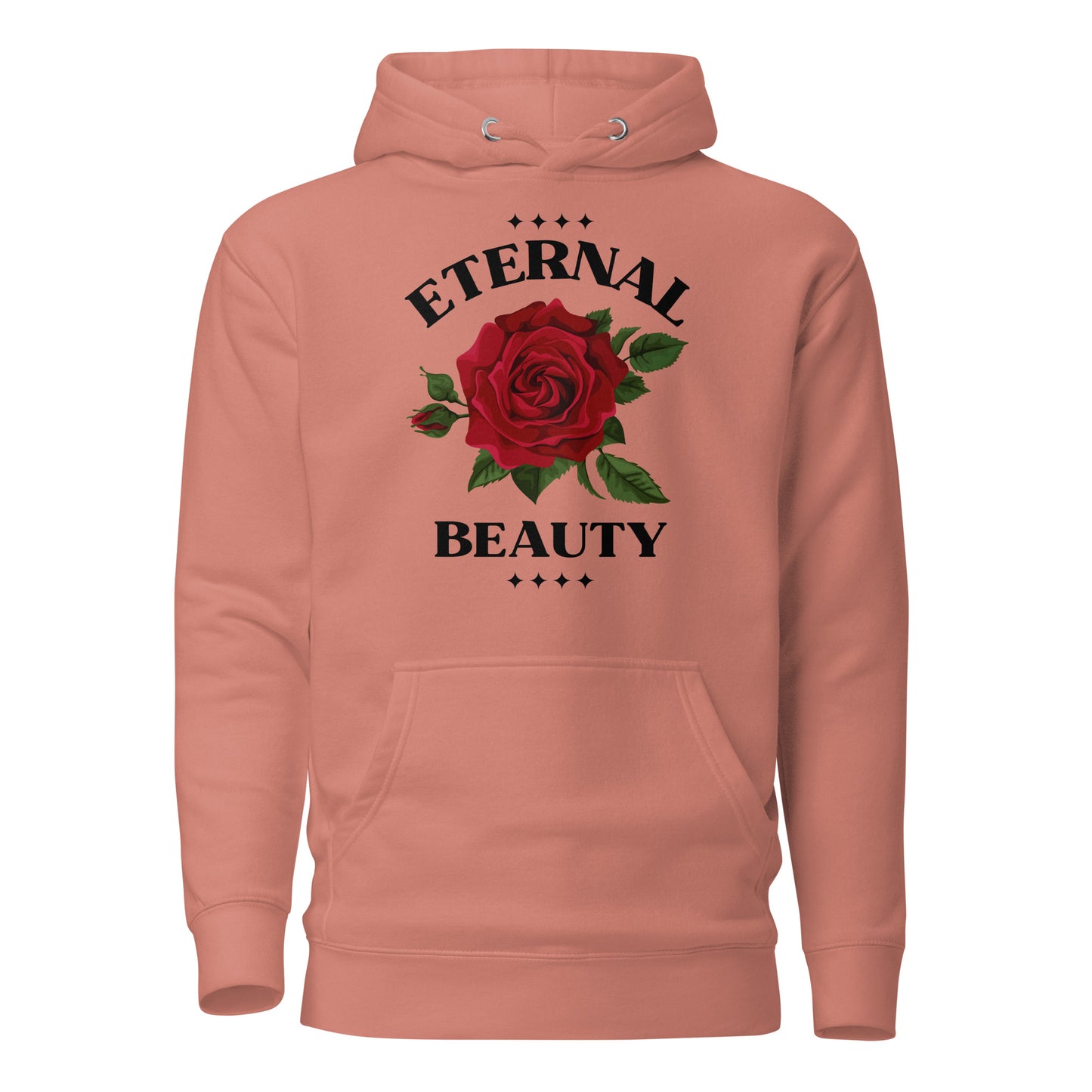 Coral hoodie with a red rose and 'Eternal Beauty' text on a white background