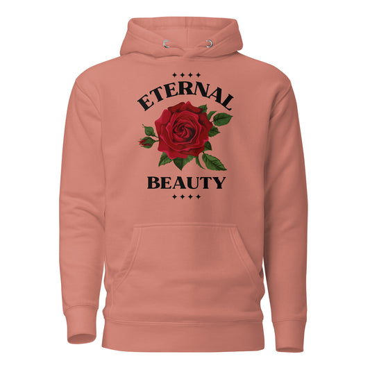 Coral hoodie with a red rose and 'Eternal Beauty' text on a white background