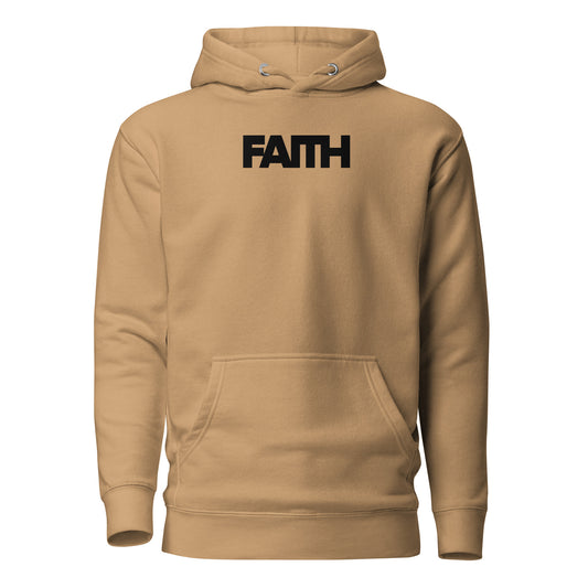 Beige hoodie with 'FAITH' printed on the chest against a white background