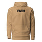 Beige hoodie with 'FAITH' printed on the chest against a white background