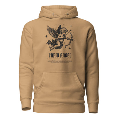 Tan hoodie with Cupid angel graphic and text on a white background