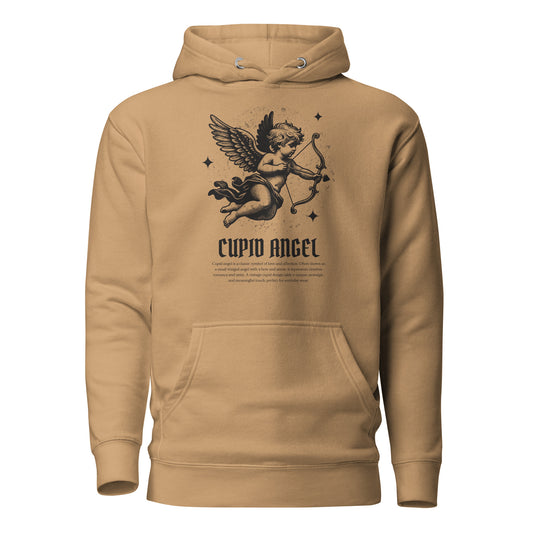 Tan hoodie with Cupid angel graphic and text on a white background