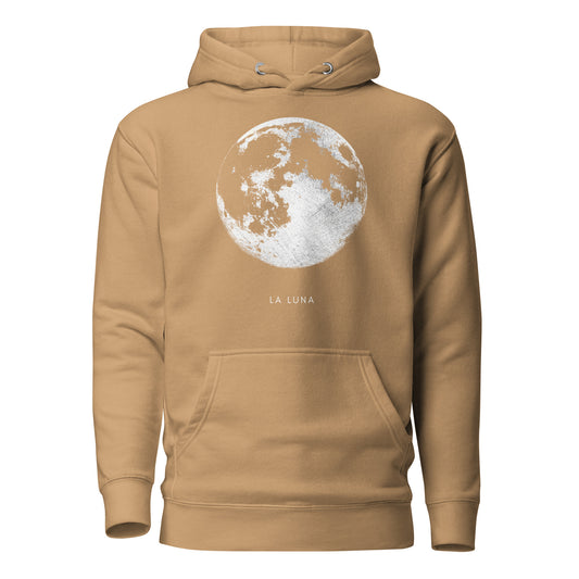 Brown hoodie with a moon graphic and 'La Luna' text on a white background