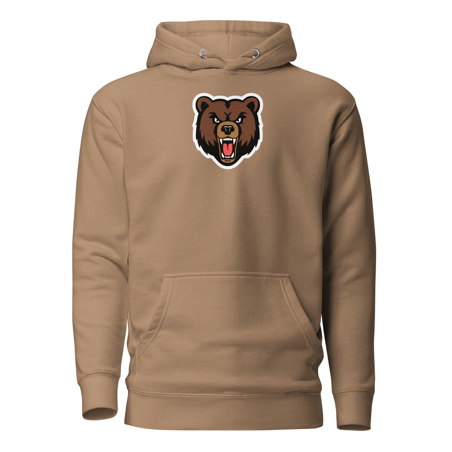 Brown hoodie with a bear graphic on a white background
