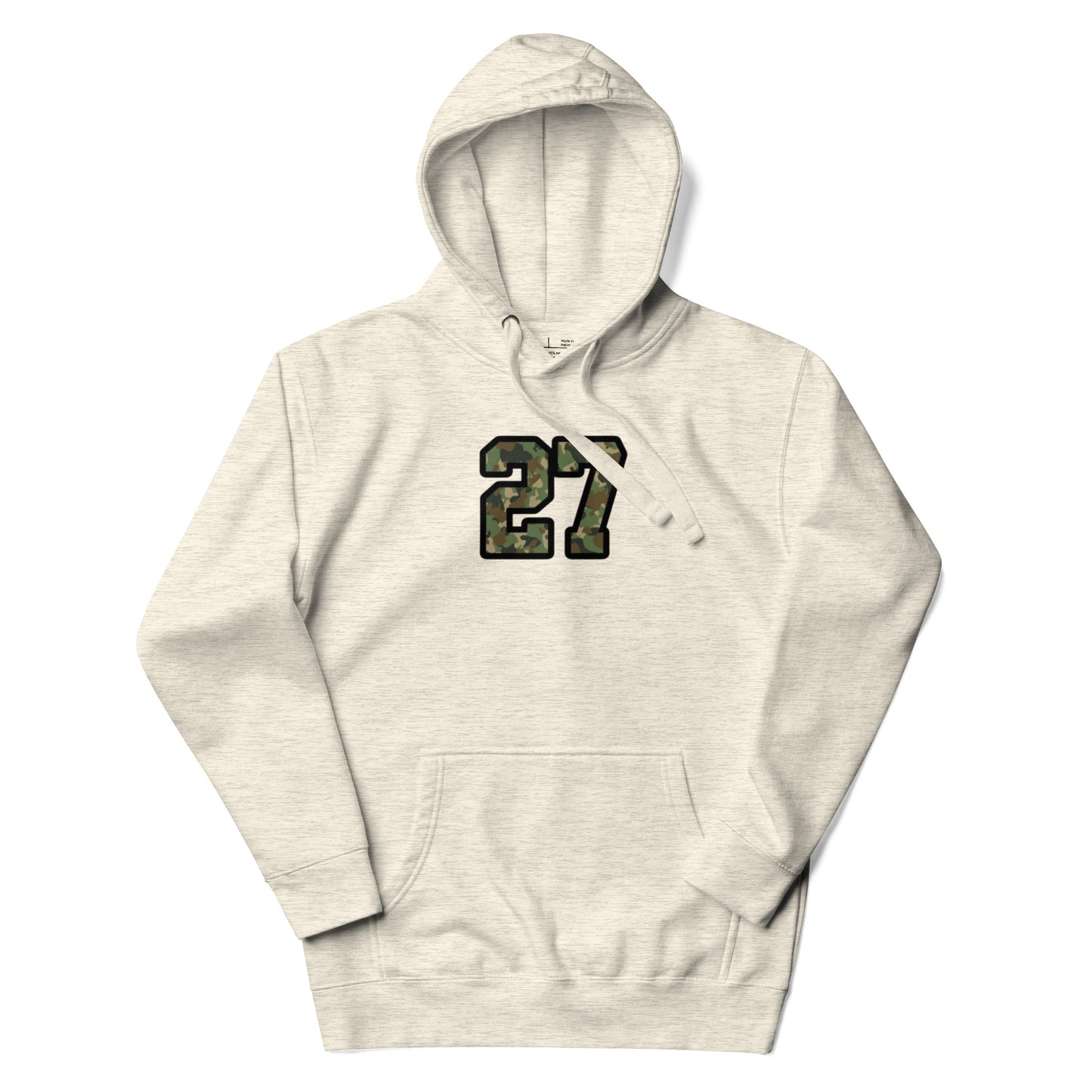 Beige hoodie with number 27 in camouflage print on a white background