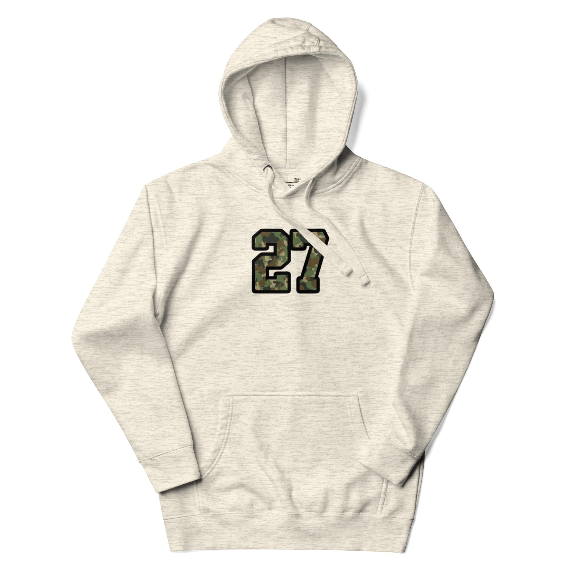 Beige hoodie with number 27 in camouflage print on a white background