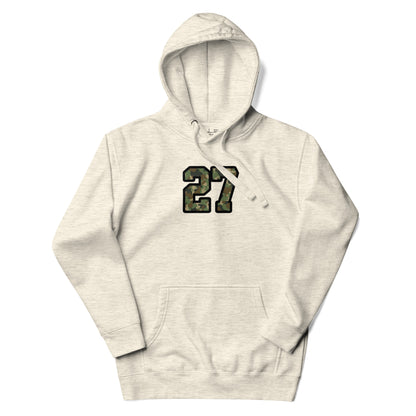 Beige hoodie with number 27 in camouflage print on a white background