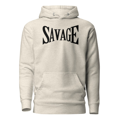 Beige hoodie with 'SAVAGE' text on a white background