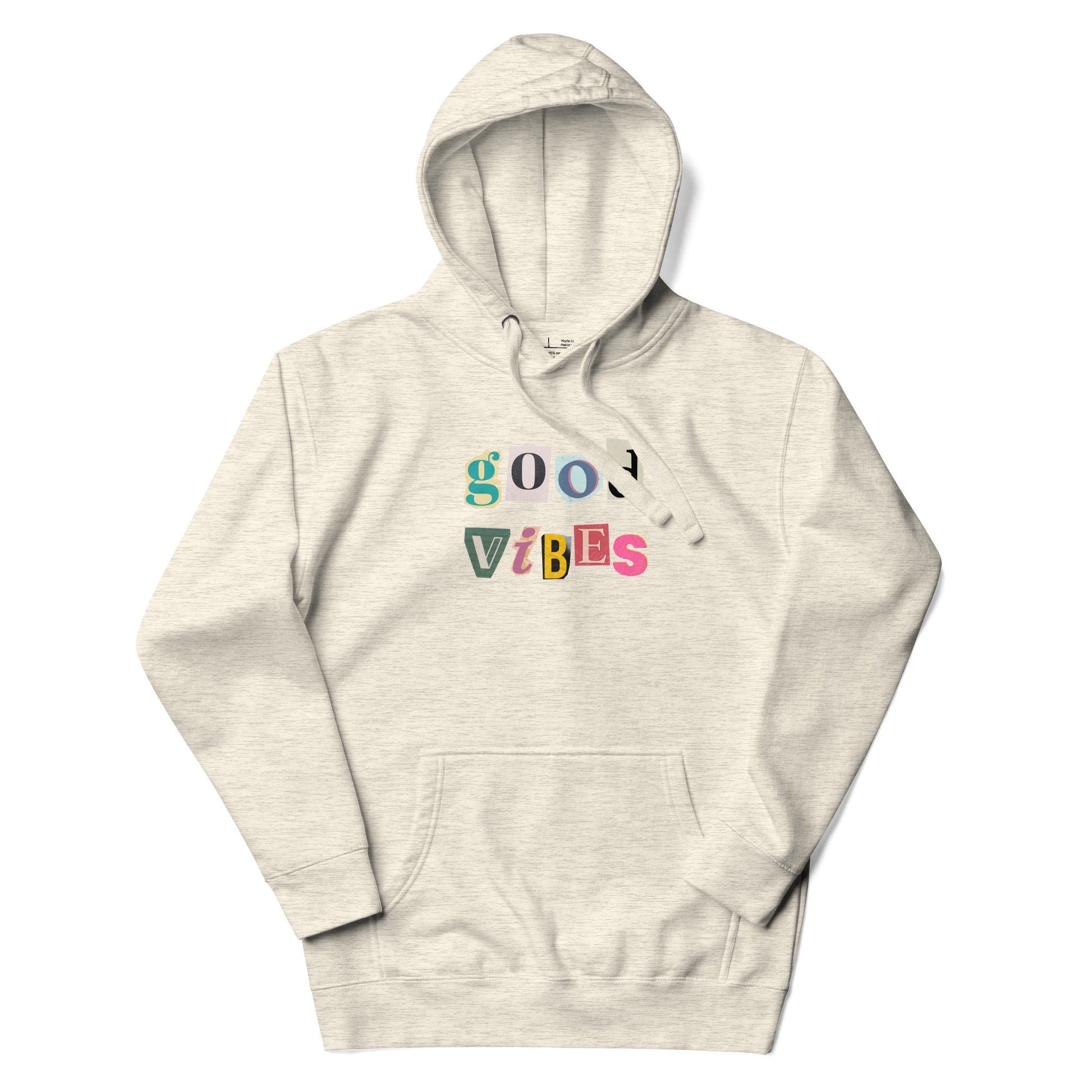 Beige hoodie with 'good vibes' text on a white background