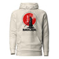Beige hoodie with Samurai design featuring a red circle and black silhouette on a white background