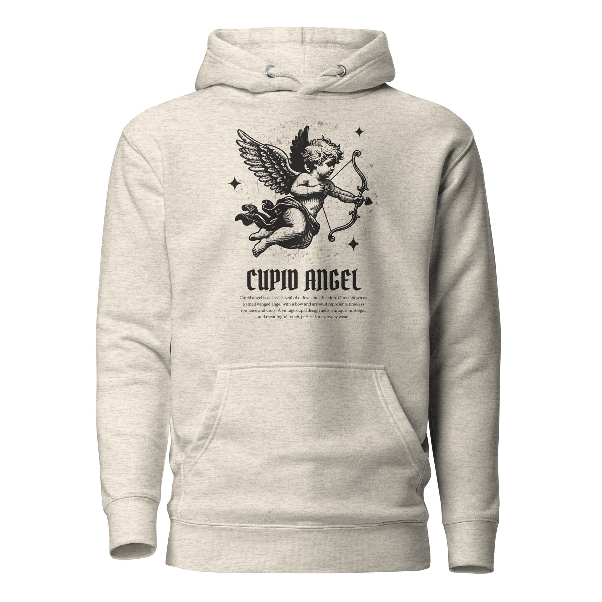 Beige hoodie with Cupid angel design on a white background