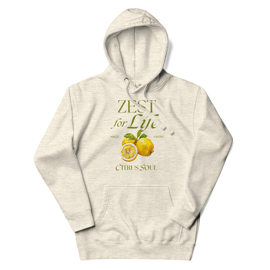 Beige hoodie with lemon design and text on a white background