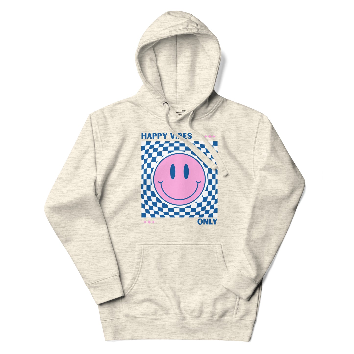 Beige hoodie with a pink smiley face and 'Happy Vibes Only' text on a white background