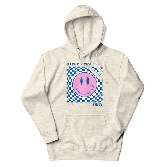 Beige hoodie with a pink smiley face and 'Happy Vibes Only' text on a white background