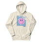Beige hoodie with a pink smiley face and 'Happy Vibes Only' text on a white background