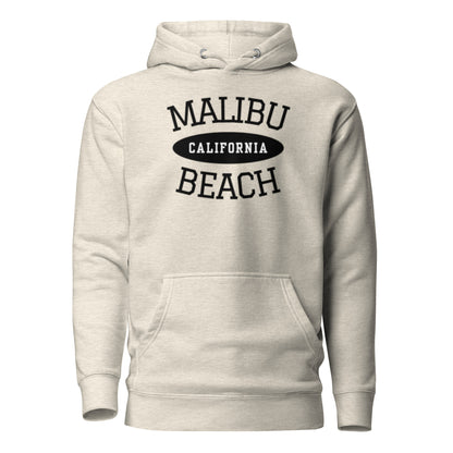 Beige hoodie with 'Malibu California Beach' text on a white background