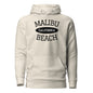 Beige hoodie with 'Malibu California Beach' text on a white background