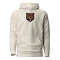 White hoodie with a black and gray graphic on a white background