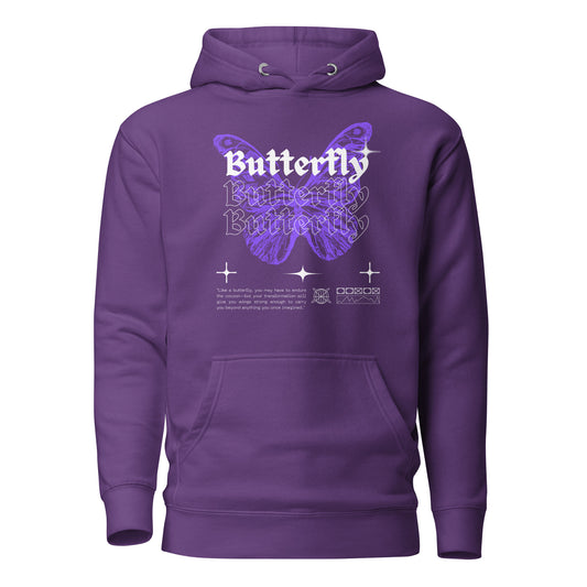 Purple hoodie with butterfly design and text on a white background