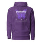 Purple hoodie with butterfly design and text on a white background