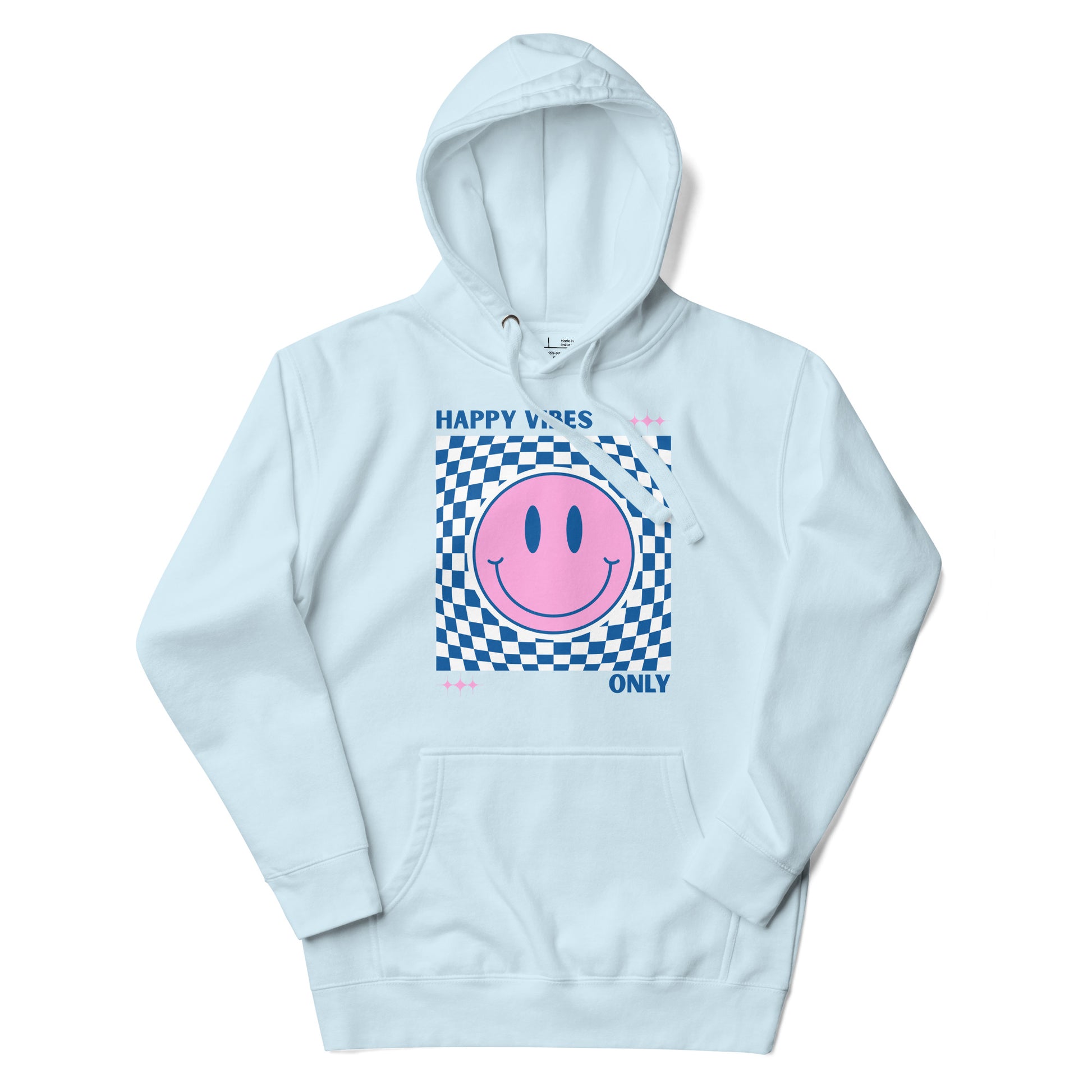 Light blue hoodie with a pink smiley face design on a white background