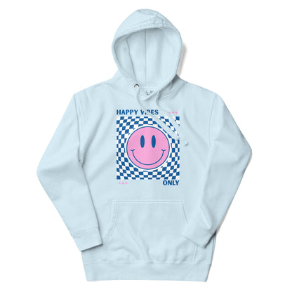 Light blue hoodie with a pink smiley face design on a white background