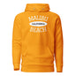 Orange hoodie with 'Malibu California Beach' text on a white background