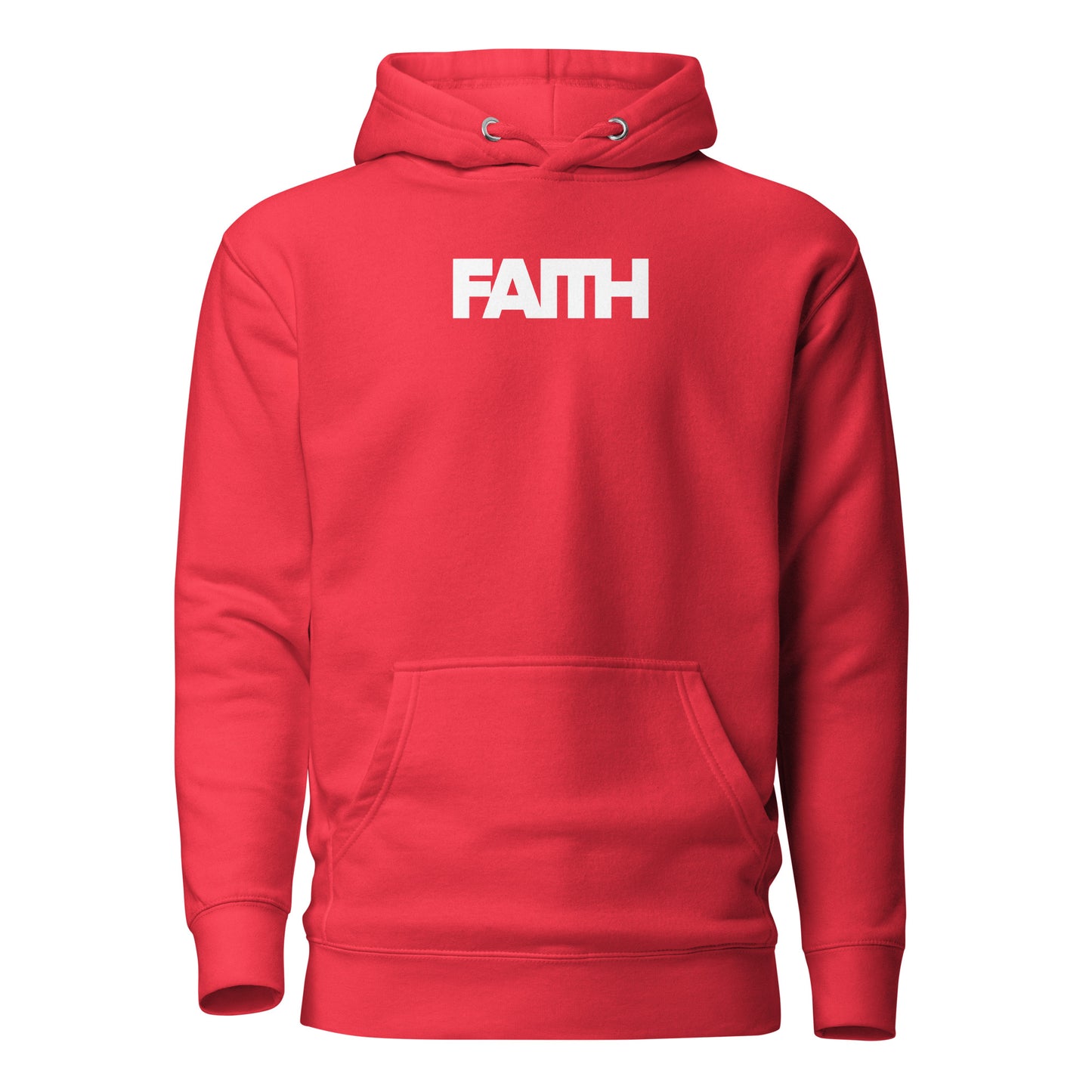 Red hoodie with 'FAITH' printed on the chest against a white background