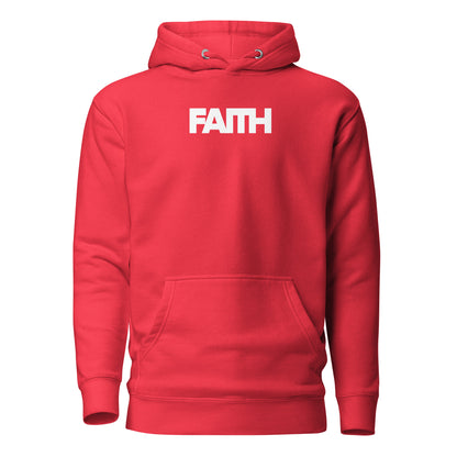 Red hoodie with 'FAITH' printed on the chest against a white background