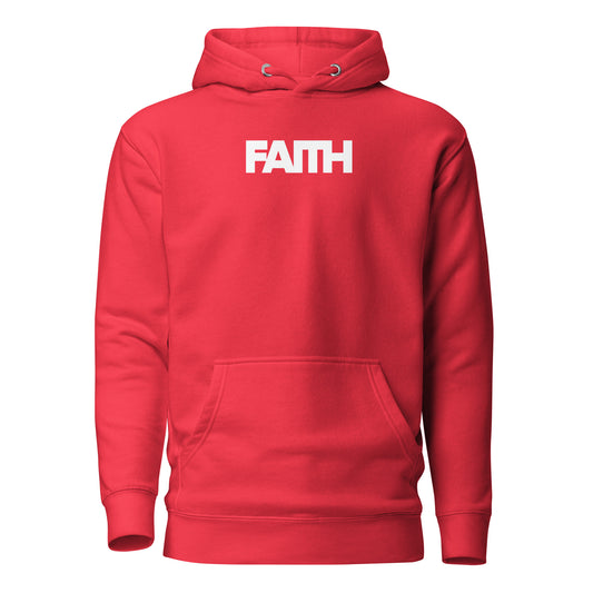 Red hoodie with 'FAITH' printed on the chest against a white background