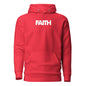 Red hoodie with 'FAITH' printed on the chest against a white background