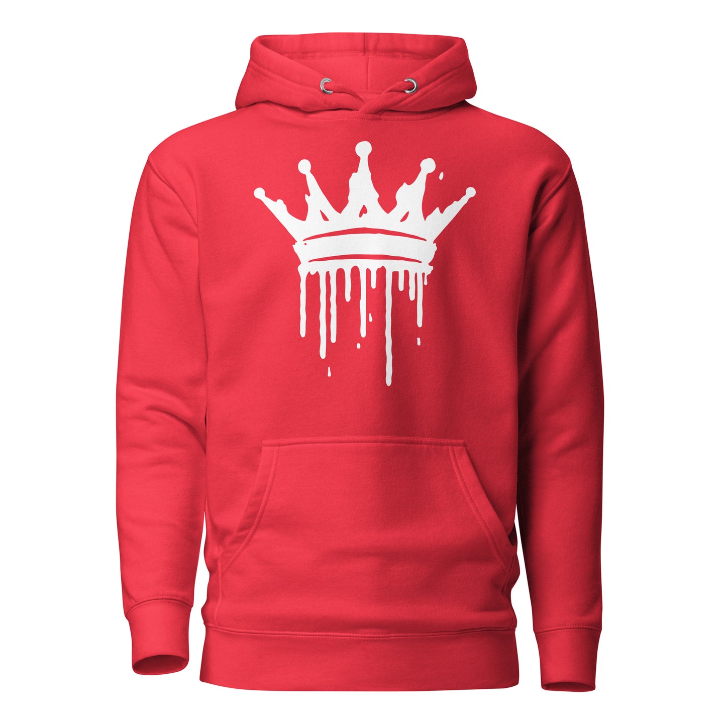 Red hoodie with a white crown graphic on a white background