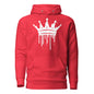 Red hoodie with a white crown graphic on a white background