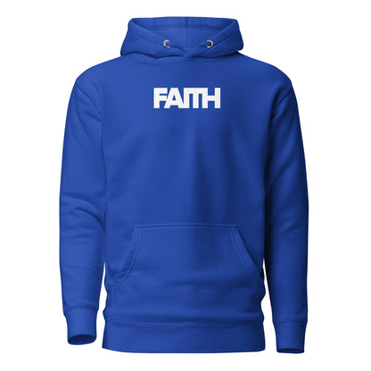 Blue hoodie with 'FAITH' printed on the chest against a white background