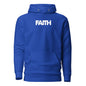 Blue hoodie with 'FAITH' printed on the chest against a white background
