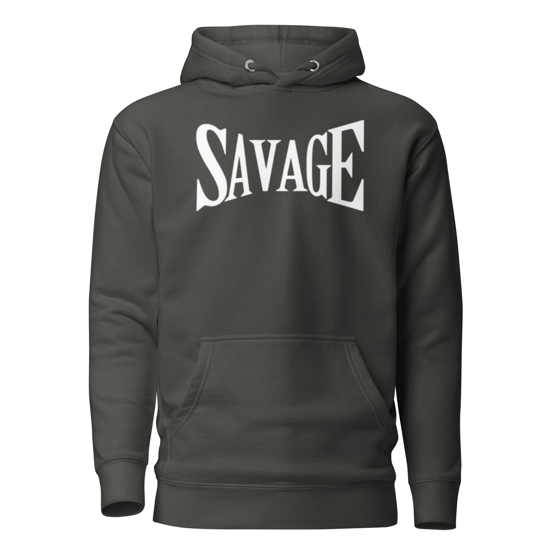 Black hoodie with 'SAVAGE' text on a white background