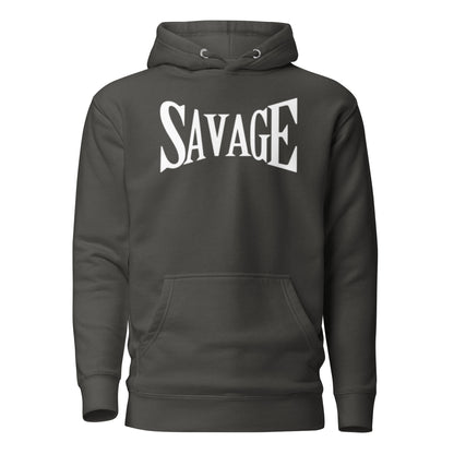 Black hoodie with 'SAVAGE' text on a white background