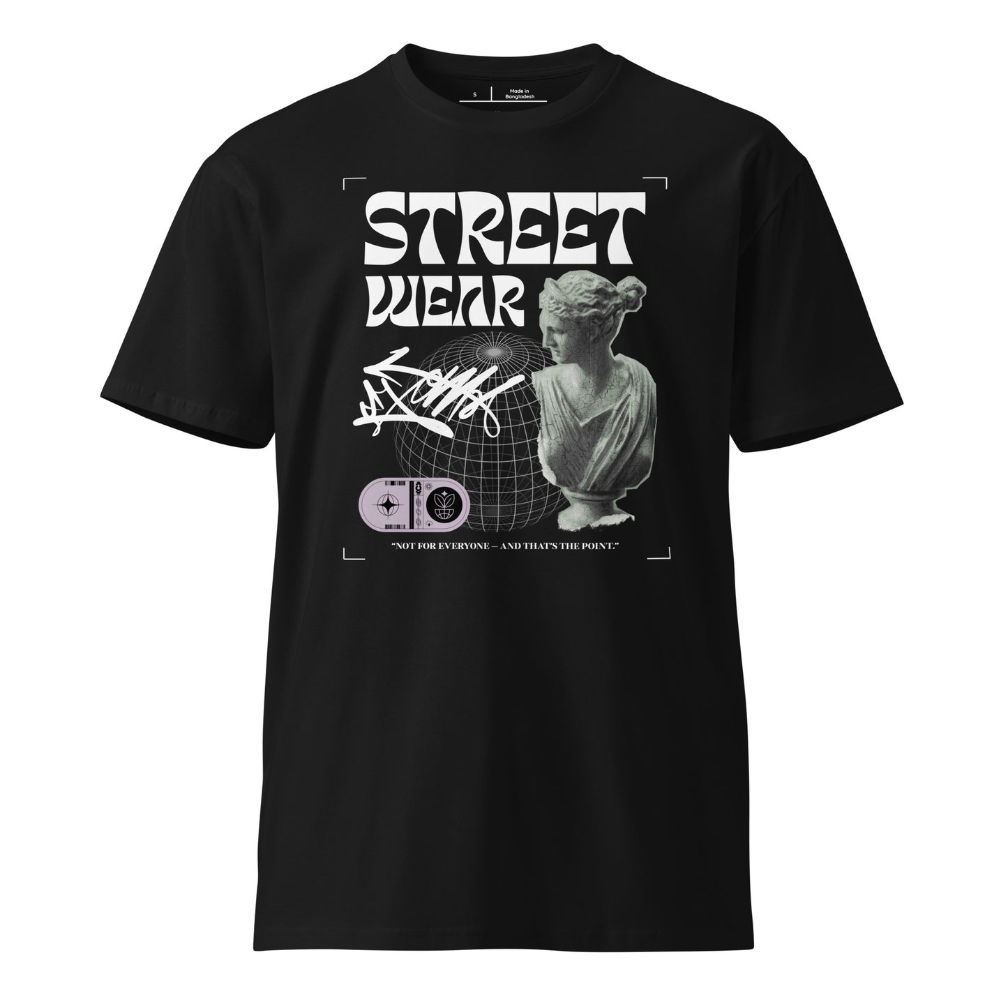 Black t-shirt with graphic design and text on a white background