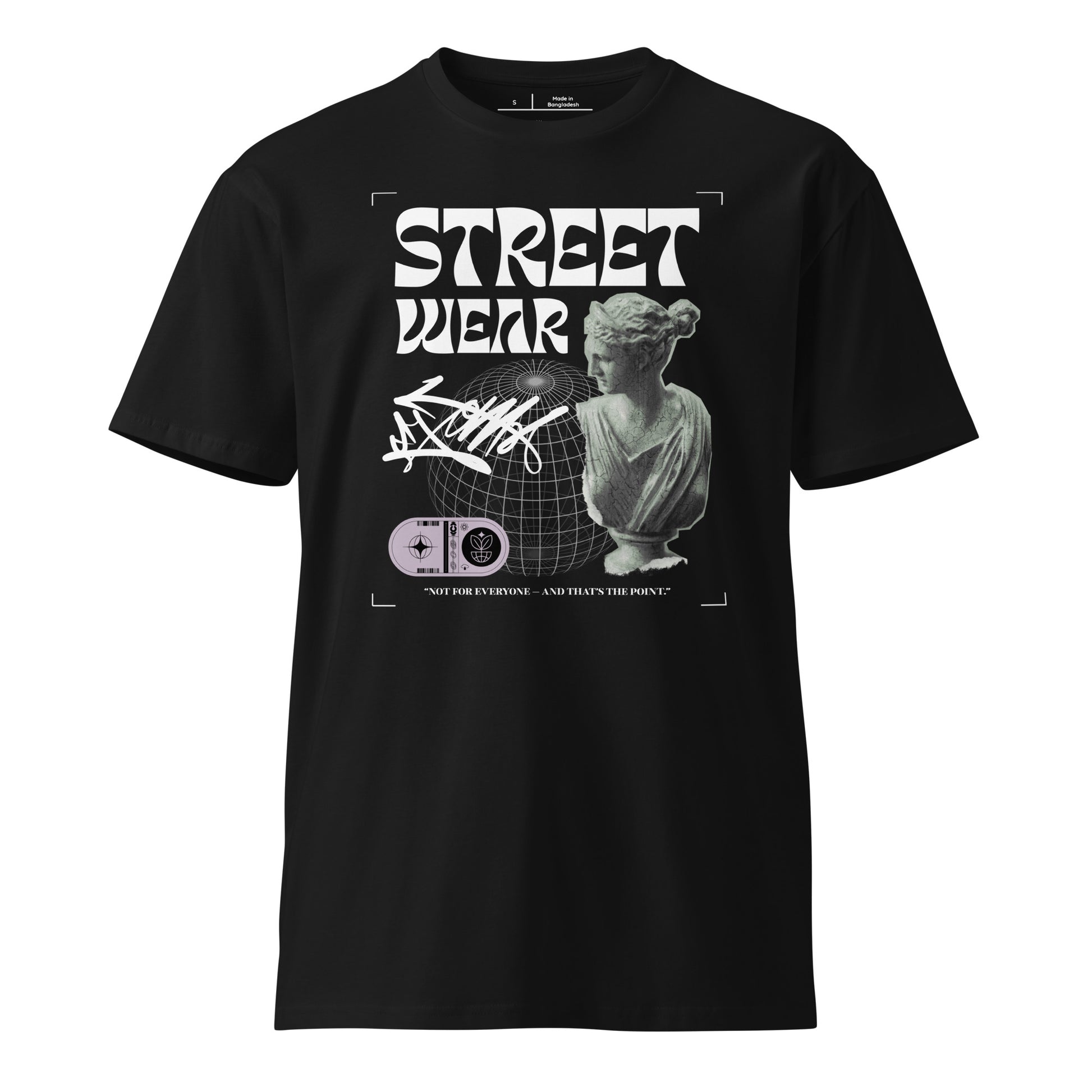 Black t-shirt with graphic design and text on a white background