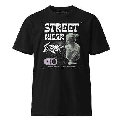 Black t-shirt with graphic design and text on a white background