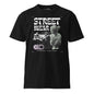 Black t-shirt with graphic design and text on a white background