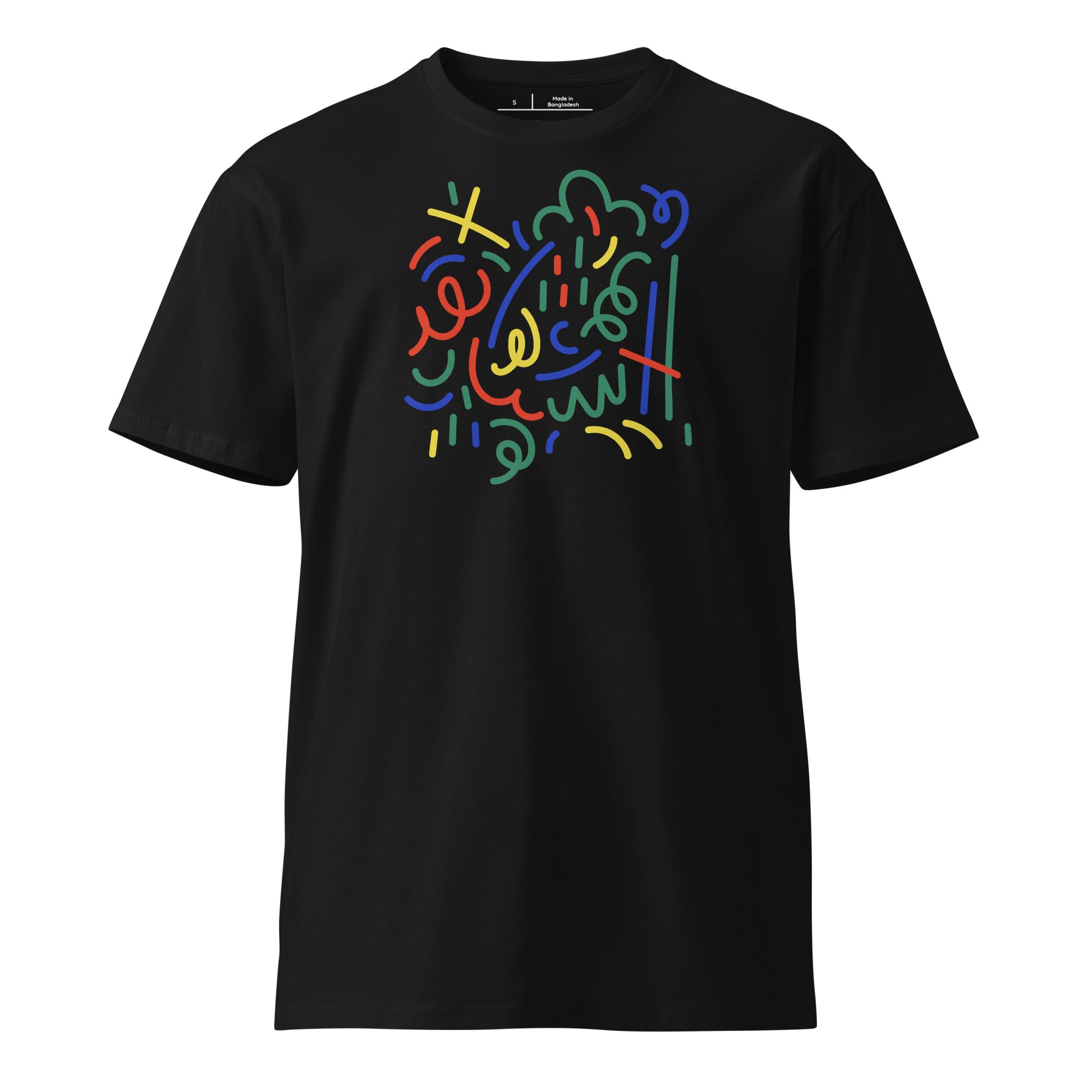 Black t-shirt with colorful abstract design on a white background