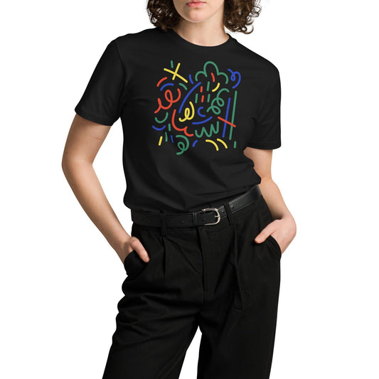 Person wearing a black t-shirt with a graphic design on a white background